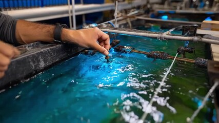 Medium shot focusing on the adjustment of filtration and aeration systems in a live lobster tank during routine weekly cleaning.
