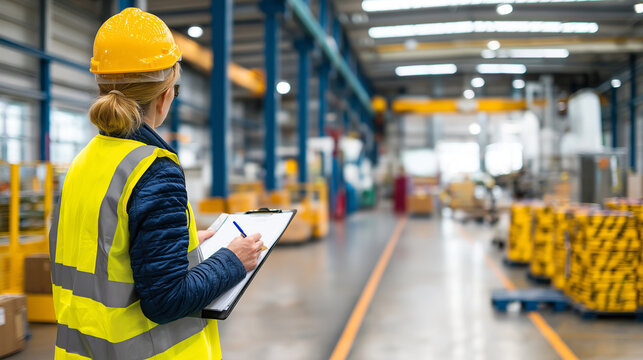 Female worker in safety vest inspecting manufacturing facility