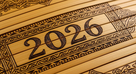 Year 2026 engraved on bamboo slats with intricate decorative patterns - new year and future concept