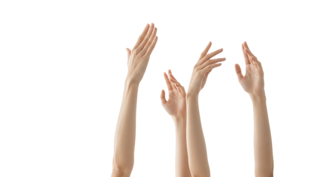 Four human hands reaching upwards with open palms and fingers spread isolated on a transparent background - Powered by Adobe