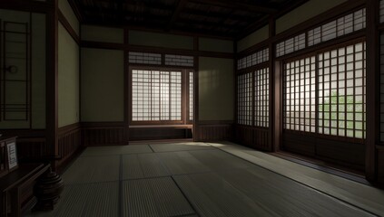 japanese on green room japan tropical desing and tatami mat floor.3D rendering