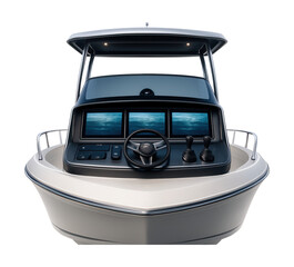 Motor yacht with a helm station equipped with digital displays and joystick controls.