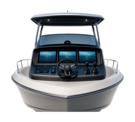 Motor yacht with a helm station equipped with digital displays and joystick controls.