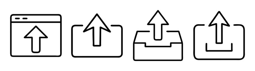 Upload icons set line art vector symbols for data transfer, file upload, document sharing, and cloud storage