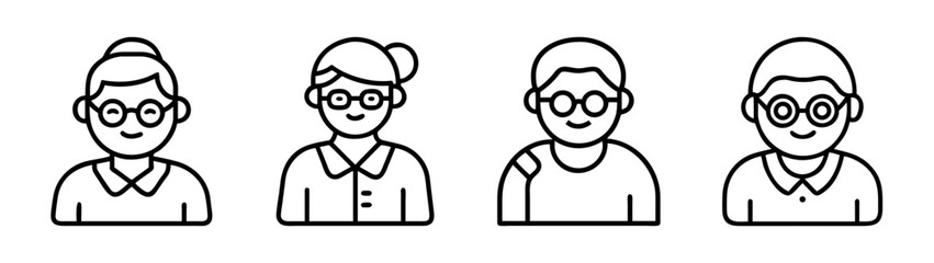 Line art illustration of diverse older adults wearing glasses, featuring two women and two men, smiling