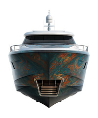 Motor yacht featuring an open transom design and unique hull artwork.