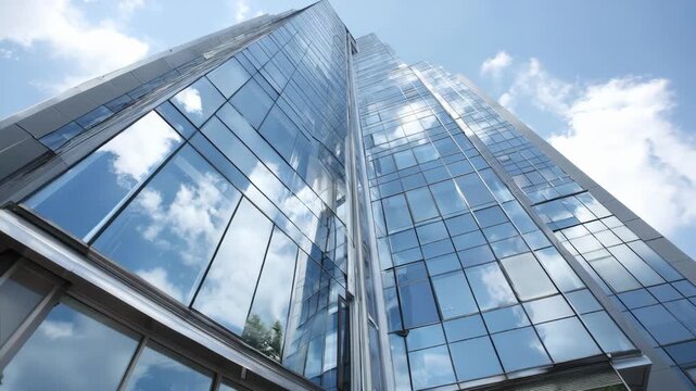 Medium shot focusing on the smooth spotless facade of an office tower using ecofriendly selfcleaning coatings to reduce maintenance and enhance building longevity