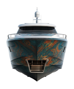 Motor yacht featuring an open transom design and unique hull artwork.