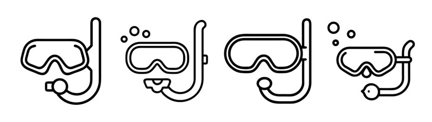 Set of four outline icons depicting various snorkeling masks and diving equipment with snorkels, some showing underwater bubbles