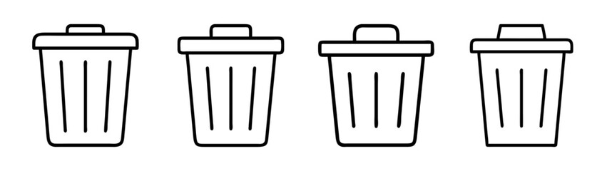 Four line art icons of trash cans or waste bins, representing delete, recycle, or disposal concepts