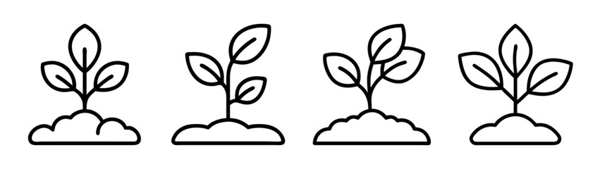 Set of four minimalist line art icons depicting young plants or seedlings growing from soil, symbolizing growth, nature, and new beginnings