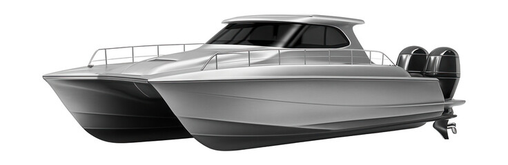 Aluminum catamaran featuring dual engines and a streamlined design.