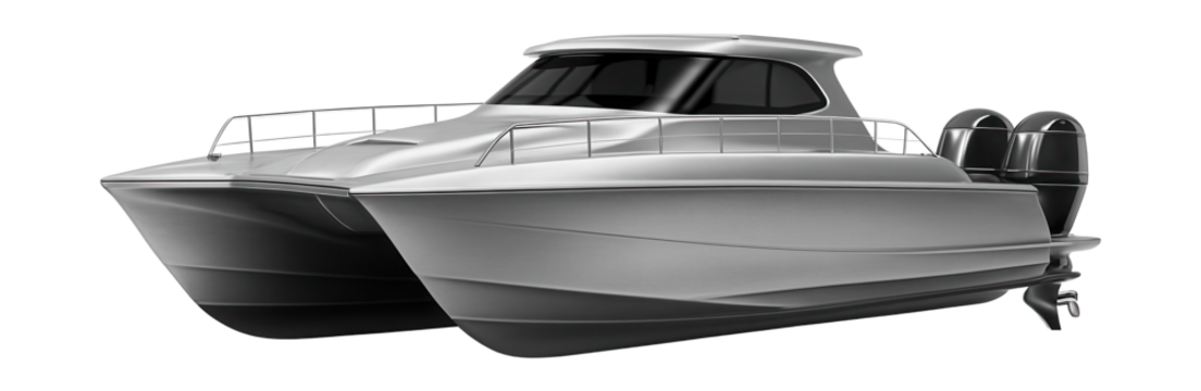 Aluminum catamaran featuring dual engines and a streamlined design.