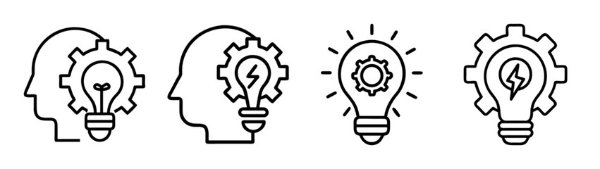Idea generation and creative thinking process line icons set, featuring lightbulbs, gears, and human head silhouettes, representing innovation, problemsolving, and development concepts
