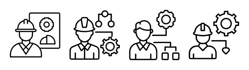 Line icons depicting engineering, construction, and management roles with workers, gears, blueprints, and process diagrams