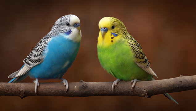 Colorful budgerigars sitting on a branch