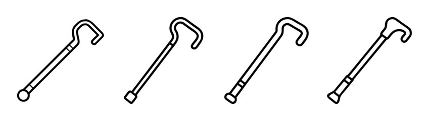 Set of various walking canes and sticks, line art icons for mobility and support