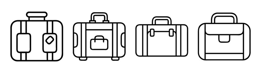 Set of various line art luggage and business bags, including suitcases and briefcases, representing travel, work, and personal items