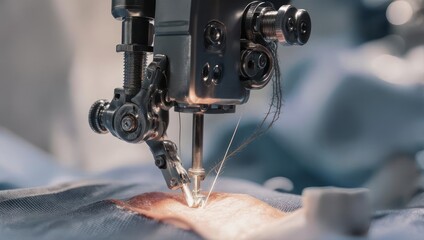 Close-up of a sewing machine in operation, stitching fabric.