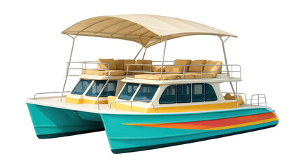 Fototapeta premium Colorful tourist catamaran featuring a retractable canopy on the upper deck.