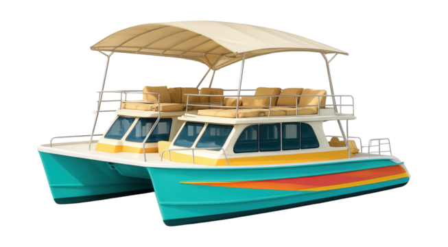 Colorful tourist catamaran featuring a retractable canopy on the upper deck.