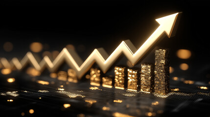 Golden arrow and bar graph representing financial growth