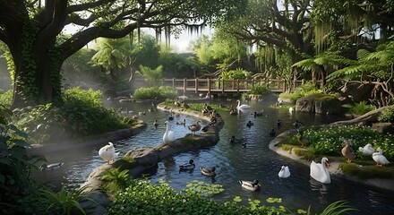 Serene park pond with swans and ducks under lush trees.