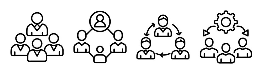 Teamwork, collaboration, management, and process line icons business organization and workflow concepts