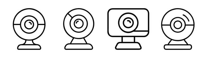 Four line art icons of webcams, depicting various styles of computer cameras for video conferencing and online communication