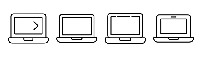 Collection of minimalist line art laptop computer icons, representing modern technology, digital work, and communication devices