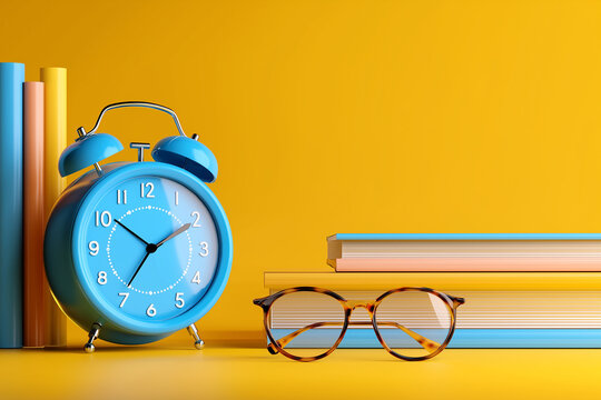 Back to school concept with books, alarm clock and eyeglasses