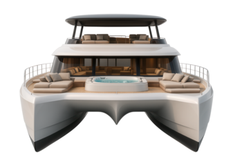 Premium day-cruise catamaran featuring an upper deck jacuzzi and luxurious interior.
