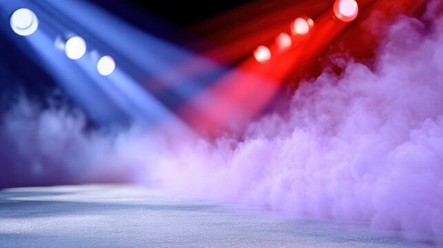 Blacked out stage electric blue light red spotlight foggy atmosphere purple haze concert stage empty performance area dramatic lighting