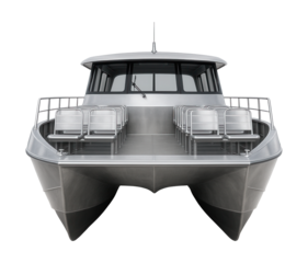 Sleek passenger catamaran with a bare aluminum exterior and basic bench seating.