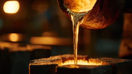 Molten metal being poured from glowing crucible into casting mold, dramatic orange light and splashes conveying heat and industrial intensity