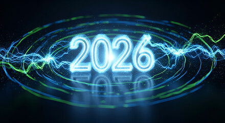 2026 glowing numbers surrounded by abstract energy waves and particles a futuristic technology concept