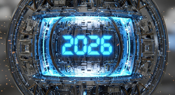 Year 2026 glowing in a high-tech spherical device- future technology and innovation