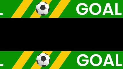 Loopable lower third graphic with "GOAL" text and a soccer ball rolling on green and yellow stripes. Ideal for sports broadcasts, football highlights, gaming streams, match recaps, and score updates.