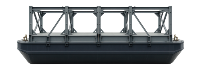 Collapsible superstructure barge with modular deck sections for versatile use.