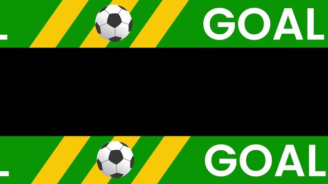 Loopable lower third graphic with "GOAL" text and a soccer ball rolling on green and yellow stripes. Ideal for sports broadcasts, football highlights, gaming streams, match recaps, and score updates.