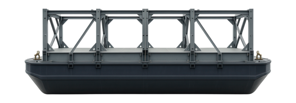 Collapsible superstructure barge with modular deck sections for versatile use.