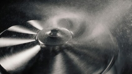 Close-up of a spinning metal fan with mist spraying.