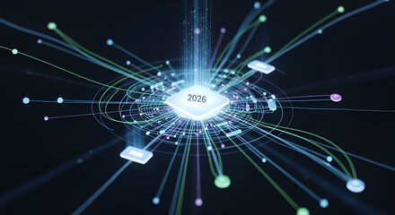 2026 technology concept- futuristic data network and digital connections with a glowing central processor