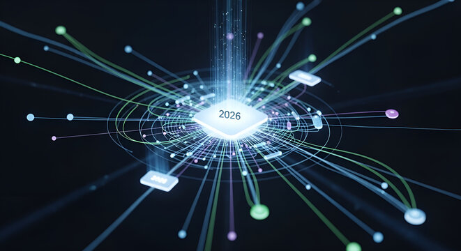 2026 technology concept- futuristic data network and digital connections with a glowing central processor