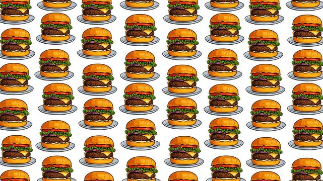 A looping footage of a seamless burger pattern featuring juicy burgers with lettuce, cheese, and fresh toppings on a clean white background. Perfect for food-themed content, branding