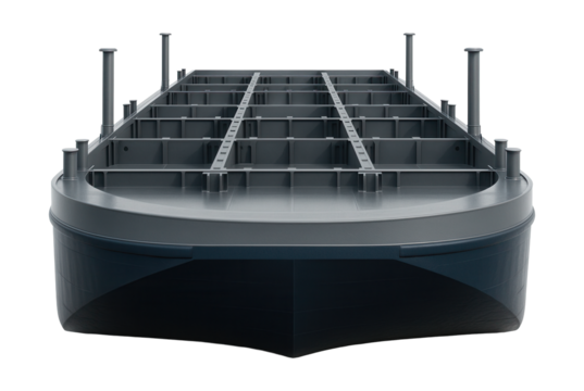 Barge featuring built-in container slots and adjustable mooring posts.