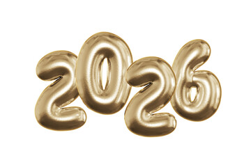 Golden helium balloons forming the year 2026 isolated on white, PNG. 3D illustration