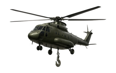 Cargo helicopter featuring an open underbelly hook for load lifting.