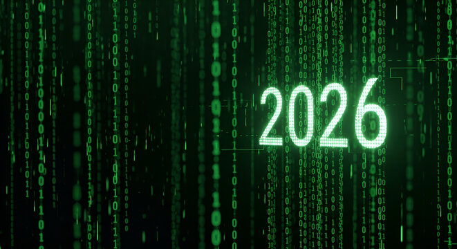 2026 digital numbers with green binary code matrix background