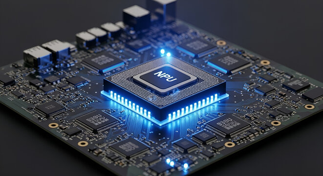 NPU Neural Processing Unit chip on a glowing circuit board for artificial intelligence and high-tech computing - Powered by Adobe